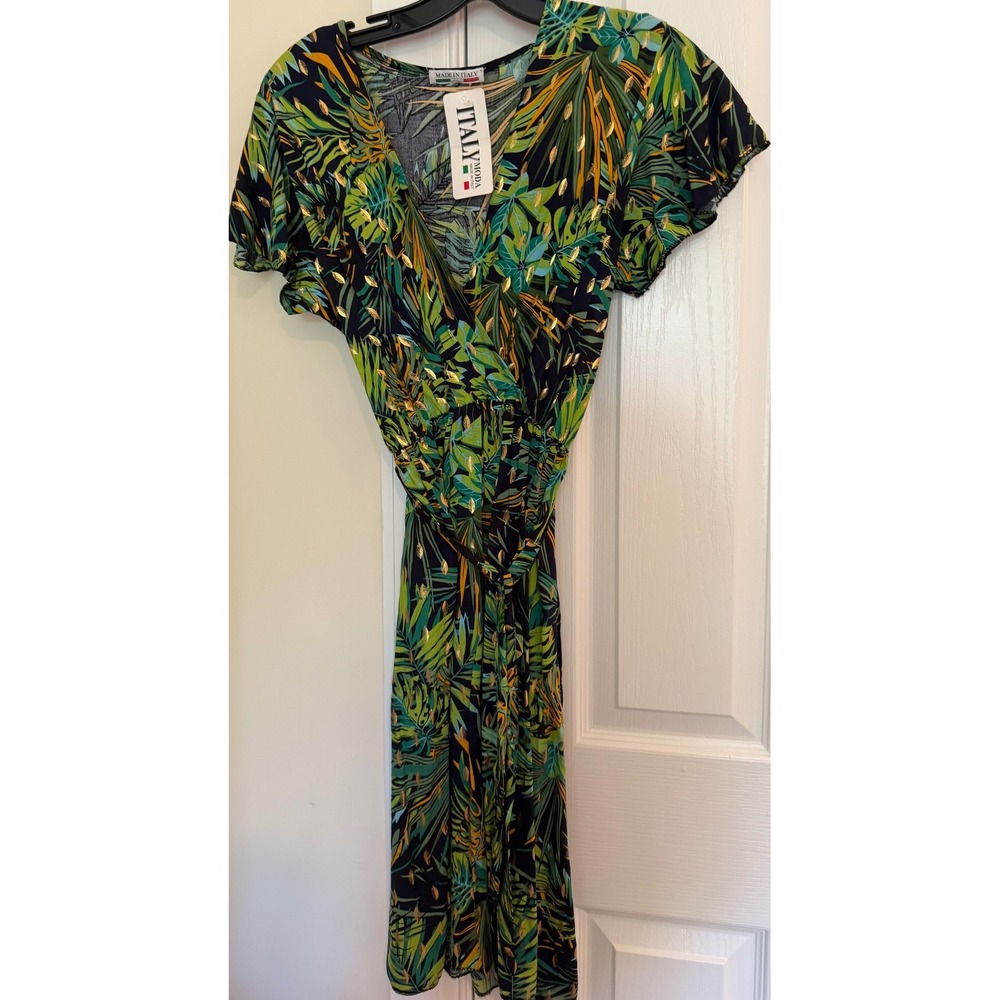 Italy Moda Tropical Palm Leaf Gold Foil Wrap V-Neck Midi Dress Green Navy New S